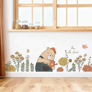 Decal giấy dán tường trẻ em Hình gấu tưới hoa Có keo sẵn- Phong cách nhẹ nhàng dễ thương