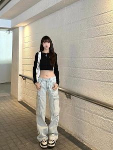 High Waist Wide Leg American High Street Workwear Pants Womens Jeans Casual Style Multi-Pocket Long Trousers