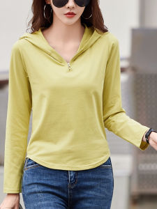 New 2025 Womens Slim Fit Cotton Hoodie T-Shirt Short Sleeve Long Sleeve White Base Shirt Fashionable Sporty Hooded Top