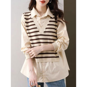 September Momo 2024 Spring & Fall New Arrival Fake Two Pieces Shirts Stripes Patchwork Fashionable Sweater Chubby Girl Plus Size Tops