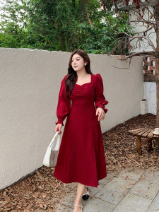 Red Vintage Slim Fit Dress Large Size Women High Waist A-Line Skirt Commute Style Long Sleeve Polyester Fiber Autumn Dress