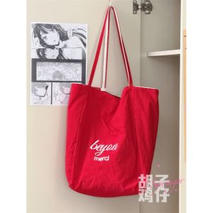 Double-Sided Back Canvas Tote Bag Large Capacity Single Shoulder Bag for Women Artistic Stripe Design Retro Style Shopping Bag