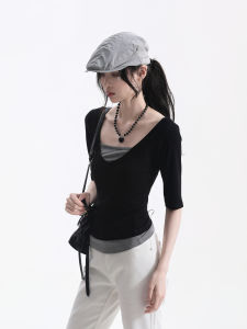 zuocisankon | Youthful Stylish Two-Piece Illusion Shoulder-Fit Short Sleeve Temptation Style T-Shirt