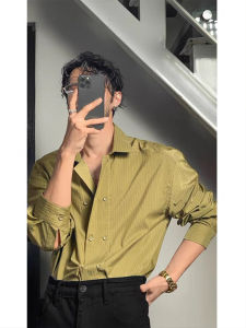 Mens Long Sleeve Cuban Collar Shirt Vertical Stripe Double Buttoned Fashion Design Spring Autumn Slim Fit Iron Free Regular Length