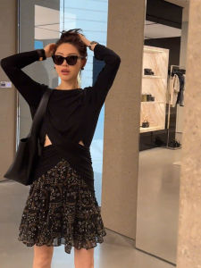 Áo Thun Tay Dài Hở Lưng Kiểu Pháp Cho Nữ Mùa Thu 2024 Áo Thun Cổ Tròn Dài Tay Thường Màu Trơn Váy Ngắn Họa Tiết Hoa Cạp Cao Hai Mảnh