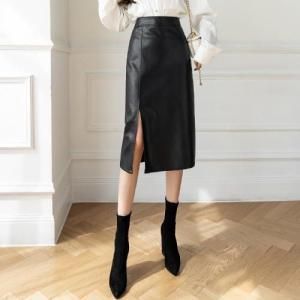 PU Leather Brown Mid-length High-waisted A-line Pencil Skirt