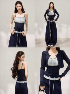 THROUS | Set 3 Món Áo Khoác Cardigan Lyocell Áo Hai Dây Phối Caro và Quần Dài Ống Rộng Suông Mát