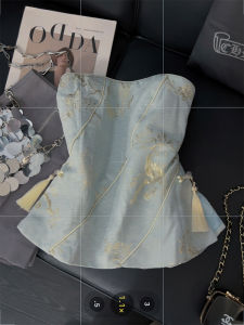 Áo Vest Hở Lưng Màu Xanh Nhạt Phong Cách Trung Hoa Mới Dành Cho Nữ Áo Vest Họa Tiết Cao Cấp Mùa Hè 2025 Áo Sơ Mi Cổ Chữ V Gợi Cảm