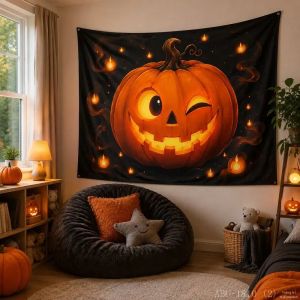 VIKAMA Đáng Sợ Dễ Thương Bí Ngô Lightning Mèo Đen Halloween Tấm Thảm Ma Quái Bầu Trời Đầy Sao Treo Tường Cho Phòng Ngủ Trang Trí Phòng Khách