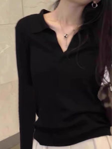 Stylish French Black V-Neck Slim Fit Long Sleeve T-Shirt