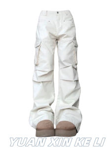 High Waist Straight Leg Workwear Trousers Multi Pockets Loose Fit Slimming Wide Leg Pants in Beige Color for Women