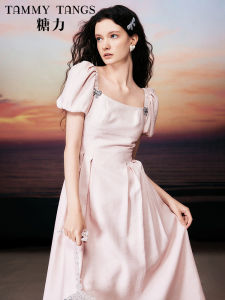 TAMMY TANGS | Pink Square Collar Mid-Length Gathered Waist Sleeveless Dress