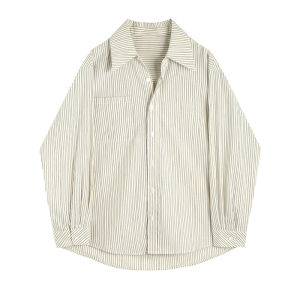 เสื้อเชิ้ตผู้หญิงสไตล์ฝรั่งเศสย้อนยุคสีน้ำเงินลายทาง เสื้อเชิ้ตทรงหลวมแขนยาวฤดูใบไม้ร่วง/ฤดูหนาว เสื้อเชิ้ตทำงานสำหรับใส่ในชั้นใน OL เสื้อเชิ้ต