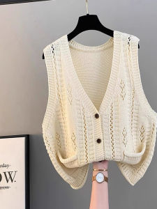 Áo Len Dệt Kim Không Tay Cổ Chữ V Màu Trơn Cotton Dệt Kim Hở Lưng Cho Nữ Phong Cách Hàn Quốc Rộng Rãi Áo Len Cardigan Mùa Thu