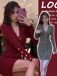 Red Snake Year Knitted Dress V-Neck Single Button Womens Winter Short Size Matching Coat Autumn Winter Long Sleeve Bodycon Dress