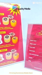 Akrilik Nomor Meja A4 Tempat Brosur + Cetak Acrylic Display Custom 1 Sisi 2 Sisi Stand T & L Potrait