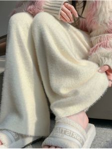 QIAONIAOGE | Thickened Woolen Fleece Lined Knitted Wide Leg Pants Women Autumn Winter High Waist Korean Style Long Sleeve High Heels Compatible