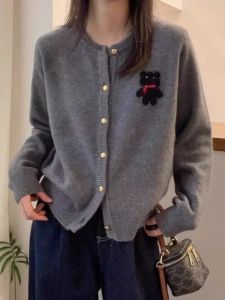 Bear Print Raccoon ถัก คาร์ดิเกน เสื้อสเวตเตอร์ ยุโรป ฤดูใบไม้ผลิ แจ๊กเก็ตใหม่ หลวม สไตล์แขนยาวปุ่มปิด ถัก Ted เสื้อแจ็คเก็ต