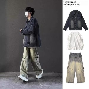 2024 Mens Fall and Winter New Internet Hot Wear Suit Ripped Denim Outwear Mens Autumn American Three-Piece Suit