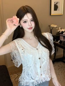 GUZILIAN | เสื้อกั๊กคอวีลูกไม้สไตล์ฝรั่งเศสย้อนยุคสำหรับผู้หญิงในช่วงฤดูร้อนใหม่ Pure Desire Lace Splicing Sleeveless Fly Sleeve Top