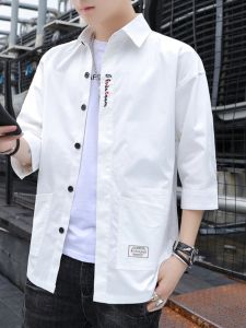Loose Fit Mens Cotton Shirt Three-Quarter Sleeve Short Sleeve Casual Summer Fashion Korean Style Workwear Jacket