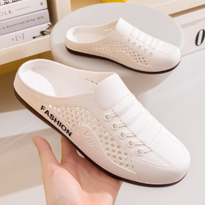 Mens Summer New Breathable Mesh Shoes Slip-On Lazy No-Back Half Slippers Fashionable Casual Trendy Shoes Comfortable EVA Upper