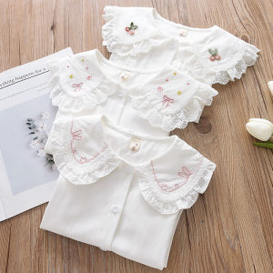 Thanh Lịch Nguyên Chất Cotton Vải Bông Áo Sơ Mi Tay Dài Thêu Tay Ngắn Cho Bé Gái Trẻ Em Big翻领 Quần Lót Áo Áo Sơ Mi Búp Bê