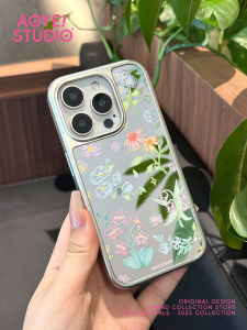 Wild Flowers Mirror Silver Frame Phone Case Full Cover Creative Cartoon Hand Drawn Flower Design Hard Shell Protective Case for Apple