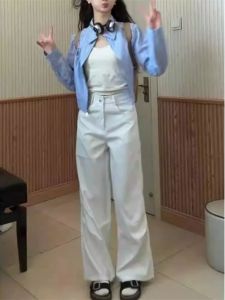 กางเกงยีนส์ทรงหลวมเอวสูงสไตล์อเมริกันสำหรับผู้หญิง กางเกงขายาวทรงตรงเอวสูง ทรงหลวม สไตล์ฤดูใบไม้ร่วง ใหม่ หลากหลายโอกาส