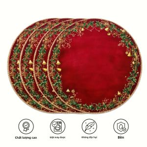 Bộ Thảm Trải Bàn Giáng Sinh VIKAMA - Bộ Thảm Trải Bàn Bằng Vải Lanh Thiết Kế Hình Chuông Vàng Đáy Đỏ Holly Leaf Dành Cho Nhà Hàng Tiệc Tùng Trang Trí Ngày Lễ 4/6/8/10 CÁI