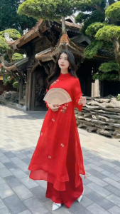 Áo dài cách tân nữ 4 tà dáng suông thêu hoa màu Đỏ Áo dài truyền thống Nhã Vân màu Đỏ mặc Lễ Tết Cưới