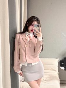 Pink JK Style Suit Jacket School Uniform Mini Skirt Set Button up Long Sleeve Commute Style Regular Fit Winter Collection
