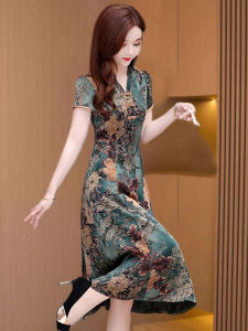 MAIMEI | ชุดกี่เพ้าผ้าไหมน้ำแข็งสุดหรูสำหรับคุณแม่วัยกลางคน ชุดจีนโบราณสไตล์ย้อนยุค กระโปรงทรงเอคอวีแขนสั้น