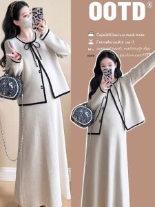 Pregnant Women Set Slimming Tied Knitwear Long Sleeve Jacket & Tank Dress