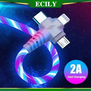 Ecily 3 trong 1 dòng chảy Cáp USB cho Samsung sáng LED kable USB để Micro USB/Loại C/8 pin sạc cuộn dây cho i-Phone 13 12 Pro Xiaomi