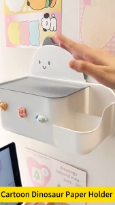 Cartoon Dinosaur Paper Towel Dispenser Wall Mount Paper Towel Holder with Lid Waterproof Paper Towel Holder with Phone Holder and Storage for Bathroom Kitchen Decor