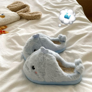 Ins Blue Whale Spray Water Home Cotton Slippers Womens Warm Anti-Slip Winter Fur Slippers Trendy Comfortable Indoor Shoes