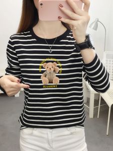 Slimming Effect Pure Cotton Long Sleeve round Neck Striped Fashionable T-Shirt Womens plus Size Versatile Base Shirt