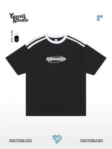 เสื้อยืดคอกลมแขนสั้นผ้าฝ้ายหลวมสไตล์ย้อนยุคสไตล์อเมริกันสำหรับผู้หญิง เสื้อผ้าทำงานฤดูร้อน ลายตัวอักษรพิมพ์ครึ่งแขนสีดำ