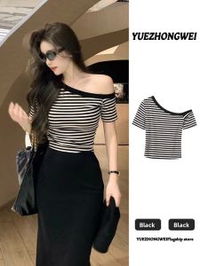 YUEZHONGWEI | Aesthetic Striped Off-Shoulder Fitted T-shirt