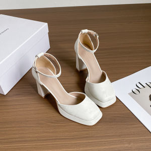 New National Style Single Shoes with Buckle Hollow out Square Head High Heels Waterproof Platform for Women Autumn Fashion