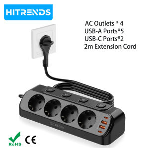 HITRENDS flat plug european power strip with 2m extension cable 4 AC outlets 2 USB 2 Type C PD20W fast charge Corner socket