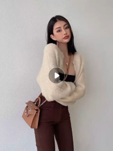 Korean Fashion Fur Crop Top Cardigans For Women Long Sleeve Fur Blazer Solid Color High Quality Sweaters Tops