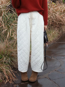 Warm Cotton Casual Pants Womens Style Harajuku Diamond Stitched Elastic Waist Nine Points Thickened Ropa Pants Commute Style