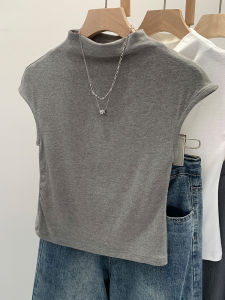 Áo Thun Tay Ngắn Cổ Cao Ôm Vừa Vặn Phong Cách Mỹ Dành Cho Nữ Mùa Hè Màu Xám Nhỏ Gọn Áo Thun Cotton Polyester Thường Ngày