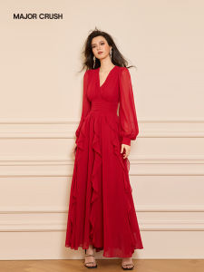 Celebrities French Style Red Beach Elegant Flared Maxi Dress