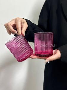 Retro Striped Pink Glass Cup Home Use Water Juice Beer Milk Cup High Quality Single Layer Universal round Shape Drinkware