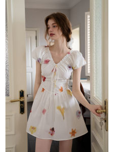 Váy Ngắn in Hoa Cổ Chữ V Kiểu Pháp EGGKA Cho Nữ Mùa Hè Tay Ngắn Ôm Vừa Vặn Thon Gọn Eo Ngắn Váy Ngắn