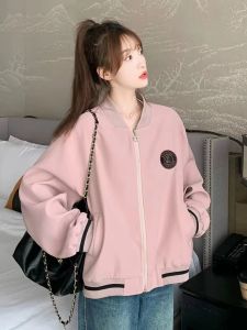 Pink American Style Baseball Jacket Womens Spring Autumn Hong Kong Flavor Chic Short Coat Trendy Commute Loose Fit Regular Length
