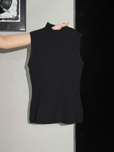 เสื้อชั้นในถักสีดำ ทรงเข้ารูป คอกลม แขนกุด เสื้อชั้นในสำหรับผู้หญิงในฤดูใบไม้ร่วงปี 2025 เสื้อชั้นในสไตล์เกาหลีสำหรับผู้หญิง